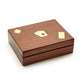The Triple Threat Game Set features a polished wooden box with brass card inlays. Comes in Small, Medium, and Large sizes.