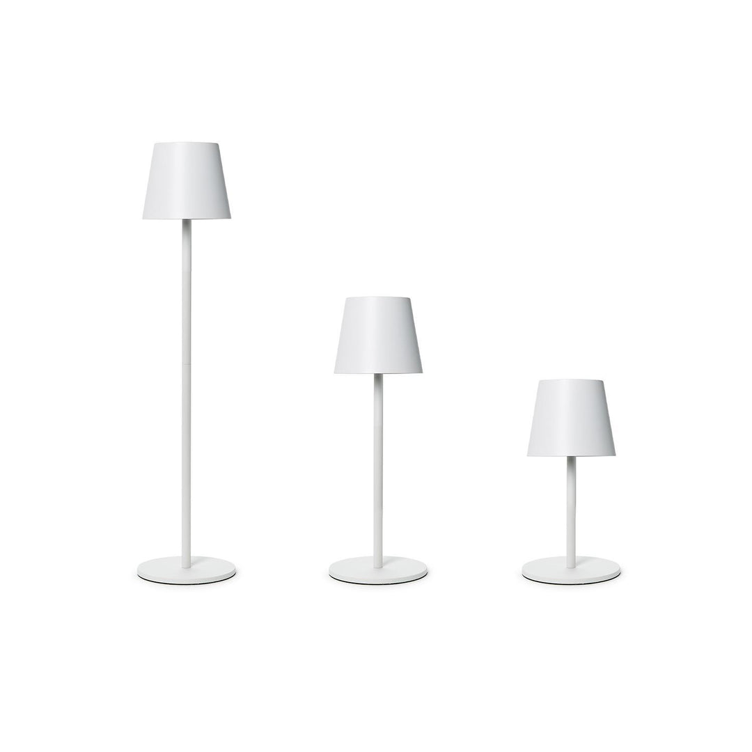 **Three LED Cordless Table Lamps**

- Adjustable heights
- Touch button functionality
- Cylindrical bases with white shades
- Sizes: Tall, Medium, Short