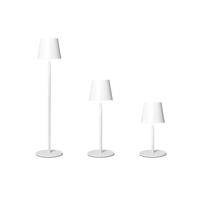 Three white modern LED cordless table lamps with adjustable heights: floor lamp, table lamp, and small desk lamp. They feature simple round bases, conical lampshades, touch button functionality, and customizable LED settings.