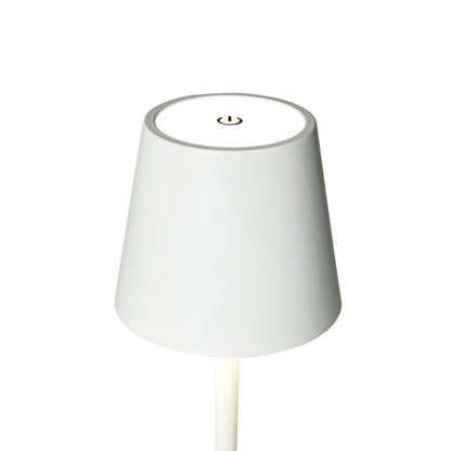 LED Cordless Table Lamp Adjustable 3 Heights in Gift Box: Sleek white design, conical shade, black touch button for control. Adjustable to three heights. Sizes available: Three adjustable heights
