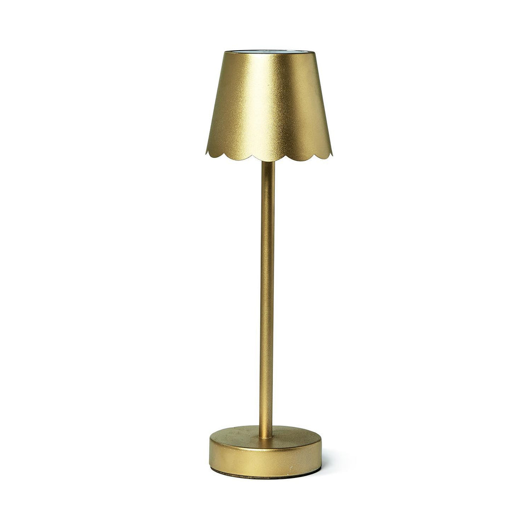 LED Cordless Table Lamp with slender gold body, round base, and scalloped-edge lampshade. Touch button functionality. Available sizes: Small, Medium, Large.