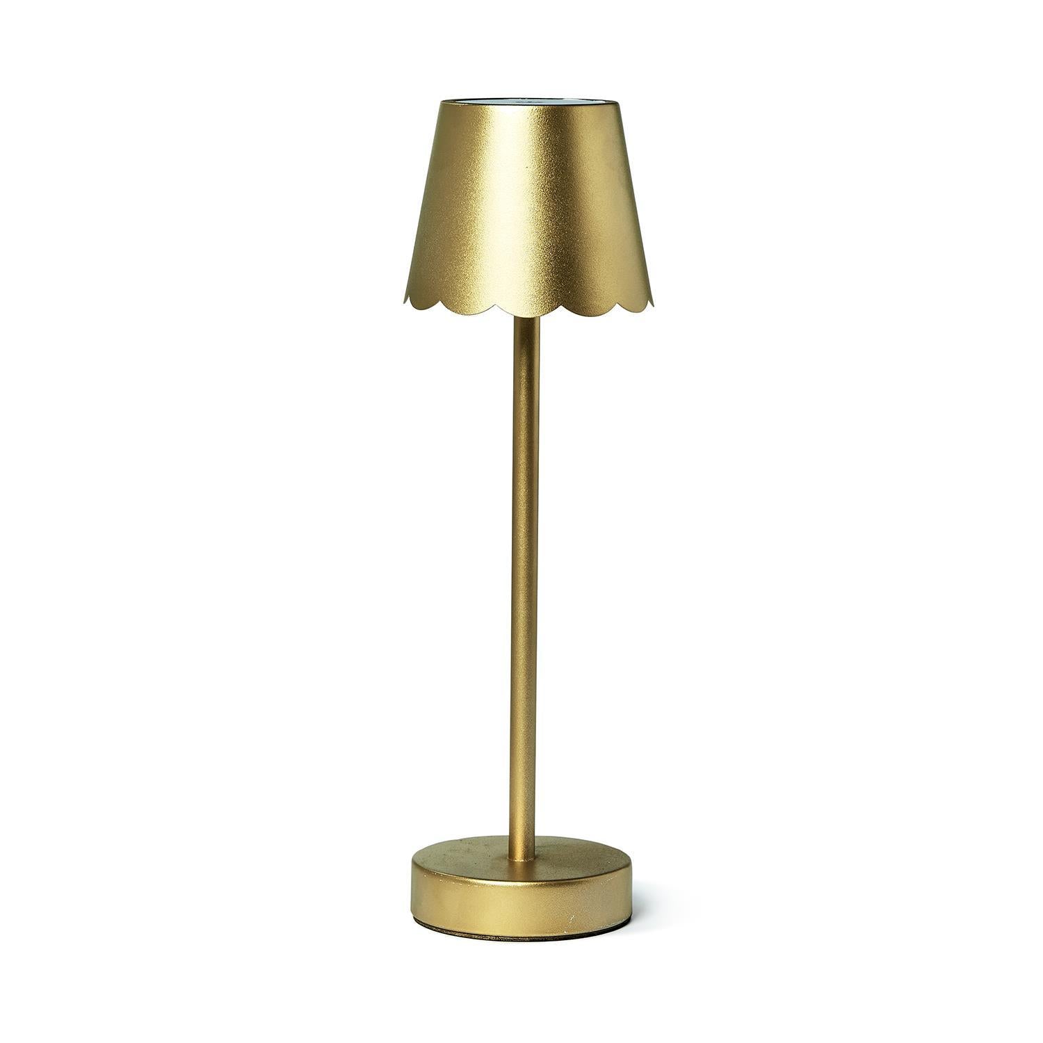 LED Cordless Table Lamp with slender gold body, round base, and scalloped-edge lampshade. Touch button functionality. Available sizes: Small, Medium, Large.