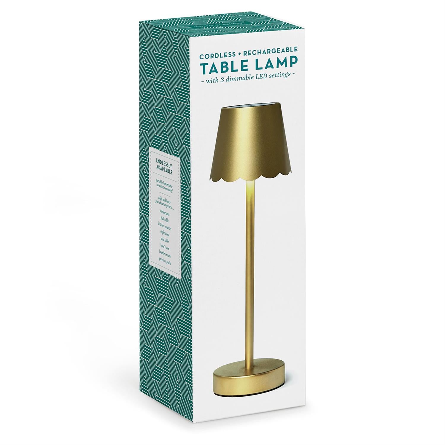 LED Cordless Table Lamp with Scalloped Edge Shade in Gift Box. Touch-button functionality, three dimmable LED settings. Green geometric pattern packaging with gold-finished elegance. Sizes: Small, Medium, Large.