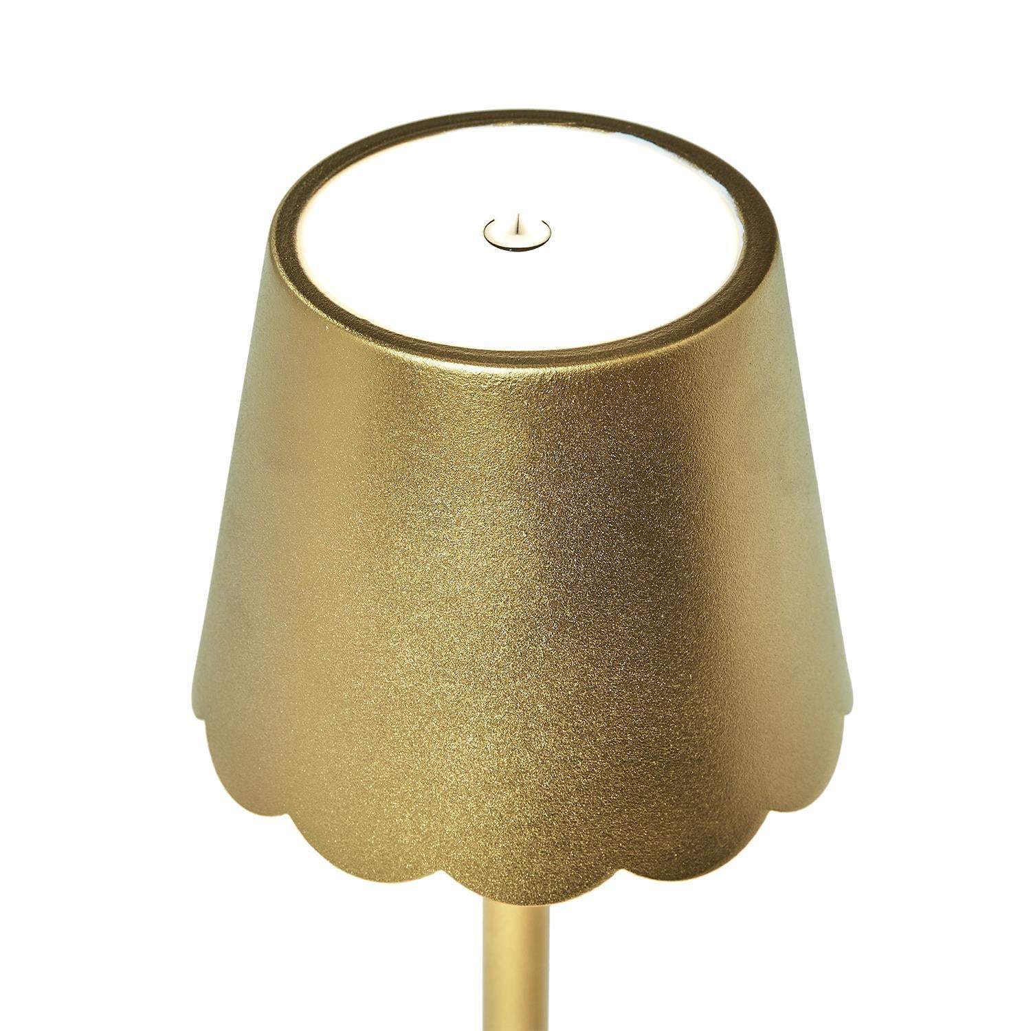 LED Cordless Table Lamp with Scalloped Edge Shade
- Color: Gold shade
- Touch button functionality on circular white top panel
- Portable with rechargeable battery

Available Sizes:
- Small
- Medium
- Large