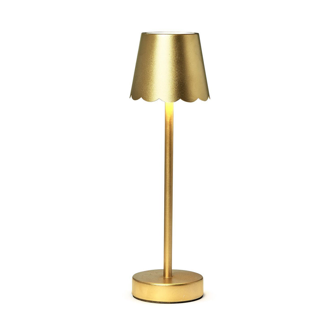 The LED Cordless Table Lamp with Scalloped Edge Shade features a golden design, slim pole, round base, and conical shade. Emits soft light with touch button functionality for a warm ambiance. Available in sizes: Small (10"), Medium (14"), Large (18").