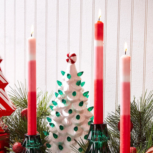 Three long-lasting Color Block Taper Candles in green holders. Available sizes: 10", 12", 14".