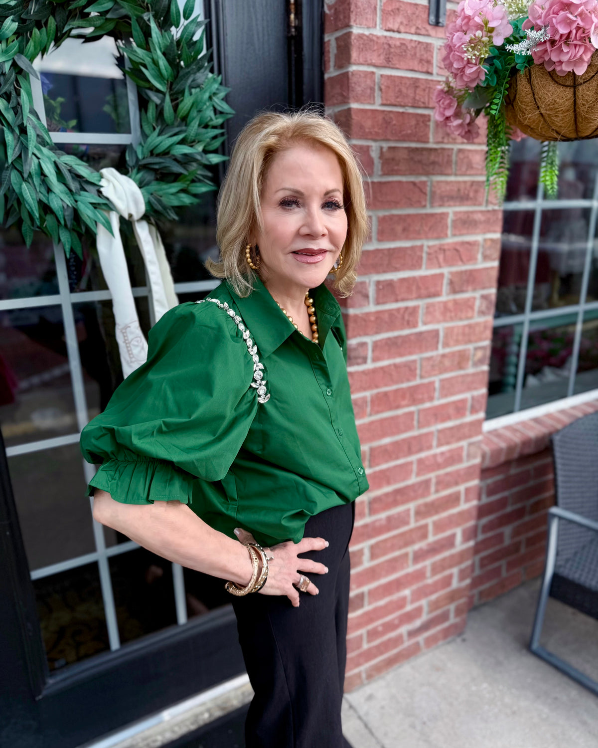 Hunter green Hadley Blouse with puff sleeves, available in sizes XS-XL.