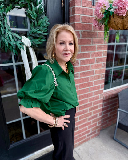Hunter green Hadley Blouse with puff sleeves, available in sizes XS-XL.