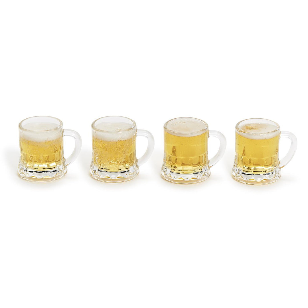 Set of four small glass mug shot glasses with light beer and foam. Available in standard 2 oz size. Gift box included.