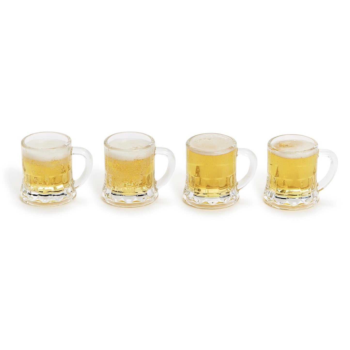 Set of four small glass mug shot glasses with light beer and foam. Available in standard 2 oz size. Gift box included.