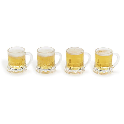 Set of four small glass mug shot glasses with light beer and foam. Available in standard 2 oz size. Gift box included.
