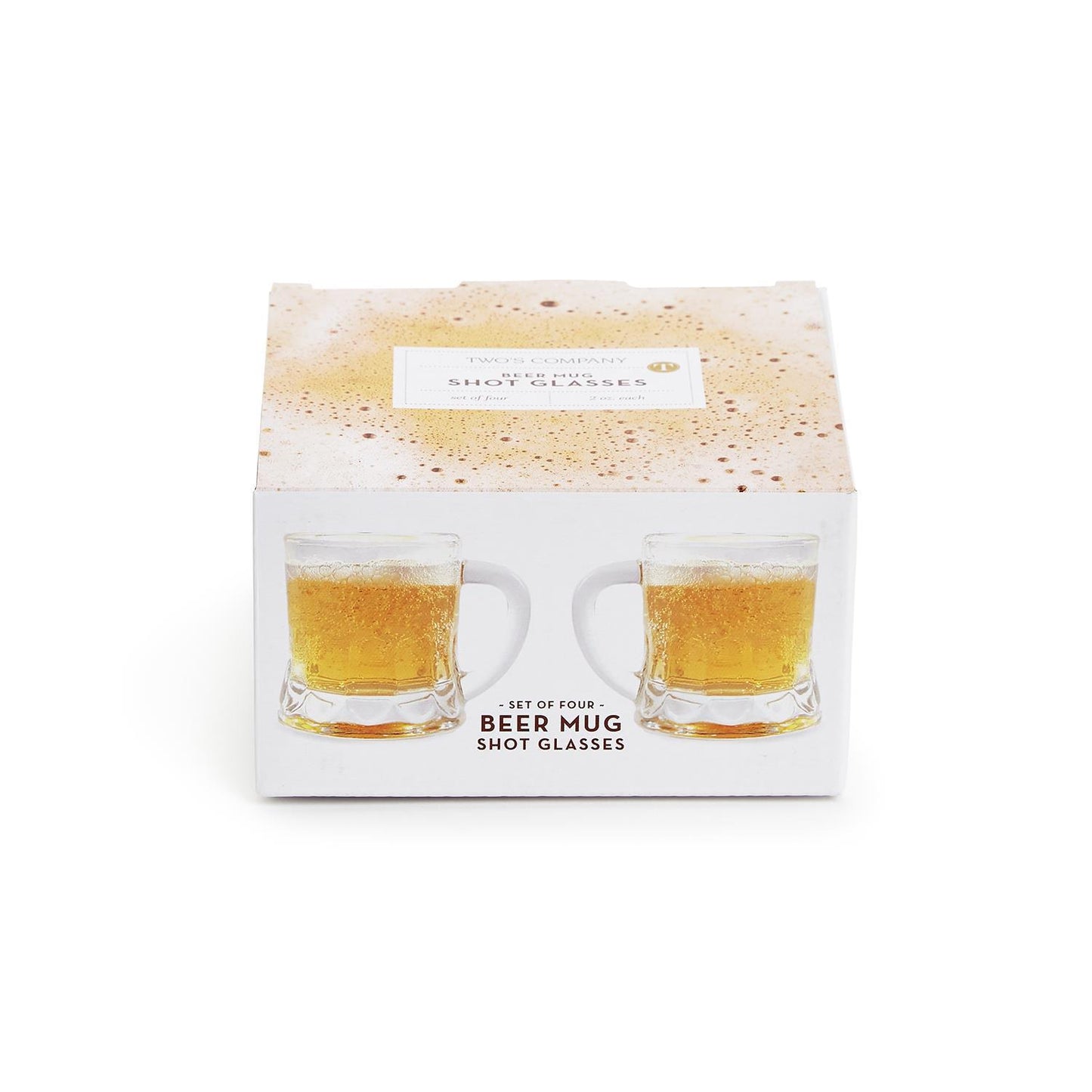 Set of four beer mug-shaped shot glasses in gift box. Each holds 2 oz. Sizes available: one size (2 oz).