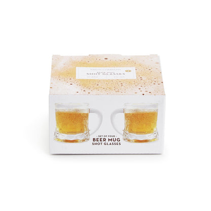 Set of four beer mug-shaped shot glasses in gift box. Each holds 2 oz. Sizes available: one size (2 oz).