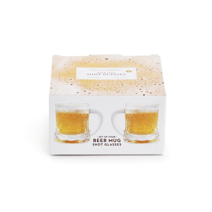 Set of four beer mug-shaped shot glasses in gift box. Each holds 2 oz. Sizes available: one size (2 oz).