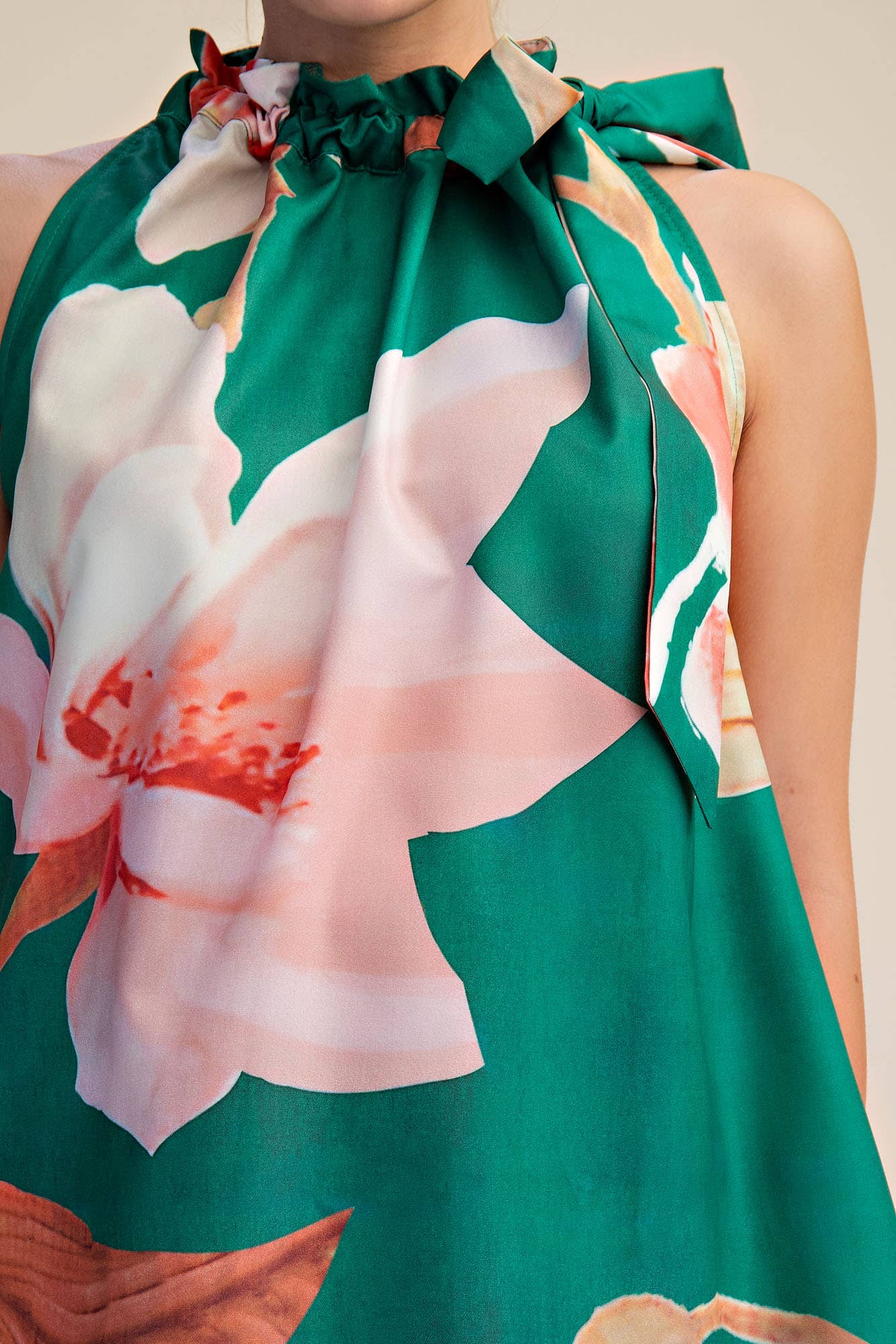 Mini Dress Ruffle Neck Tie Sleeveless Floral Print in Royal; ruffled neckline, tie, vibrant floral print. Sizes: S, M, L, XL.