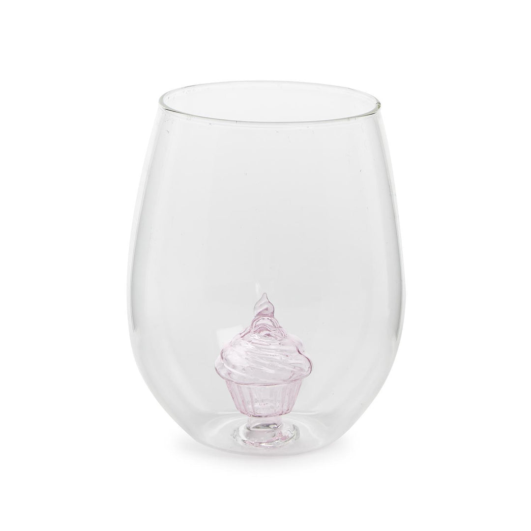 Celebration Cake Stemless Wine Glass: Clear, rounded design featuring a decorative pink cupcake with frosting at the bottom. 20 oz. capacity, made from durable glass.
