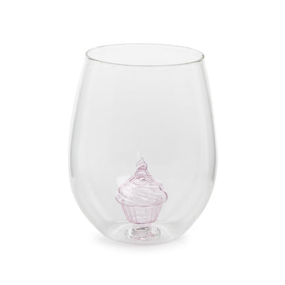 Celebration Cake Stemless Wine Glass: Clear, rounded design featuring a decorative pink cupcake with frosting at the bottom. 20 oz. capacity, made from durable glass.