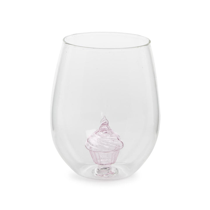 Celebration Cake Stemless Wine Glass: Clear, rounded design featuring a decorative pink cupcake with frosting at the bottom. 20 oz. capacity, made from durable glass.