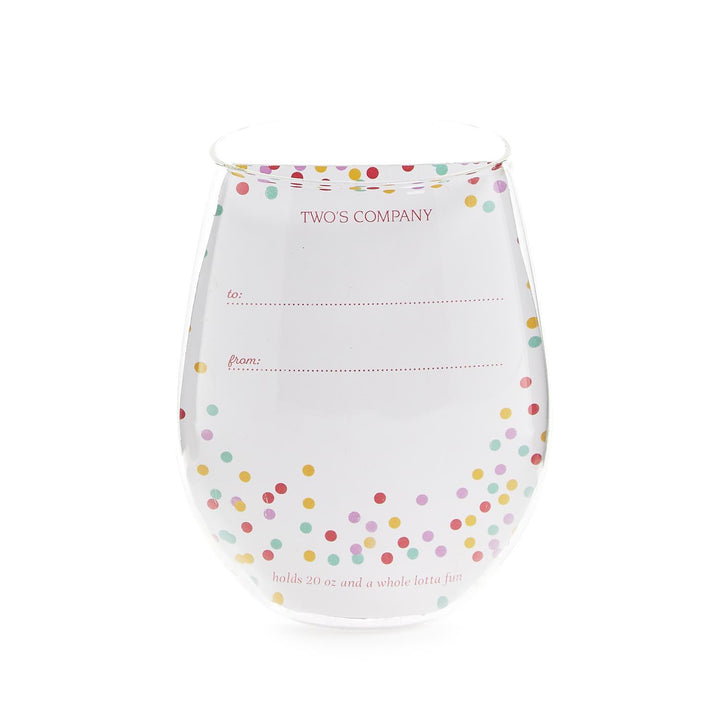 Transparent Celebration Cake Stemless Wine Glass with multicolored polka dots. Features "Two&