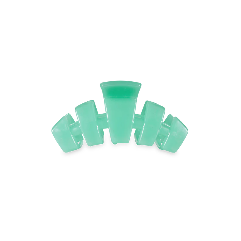 Classic Blue Lagoon TELETIES hair claw in pastel green translucent plastic with wide prongs. Available in small and large sizes.