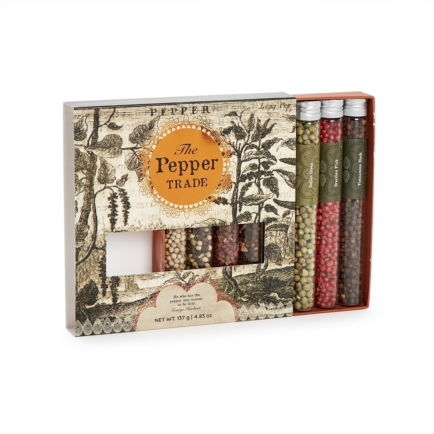 The Pepper Trade 8 Tube Gift Set includes gourmet peppercorns in eight clear tubes. It features a vintage botanical design box in brown and orange. Available as a single set size.