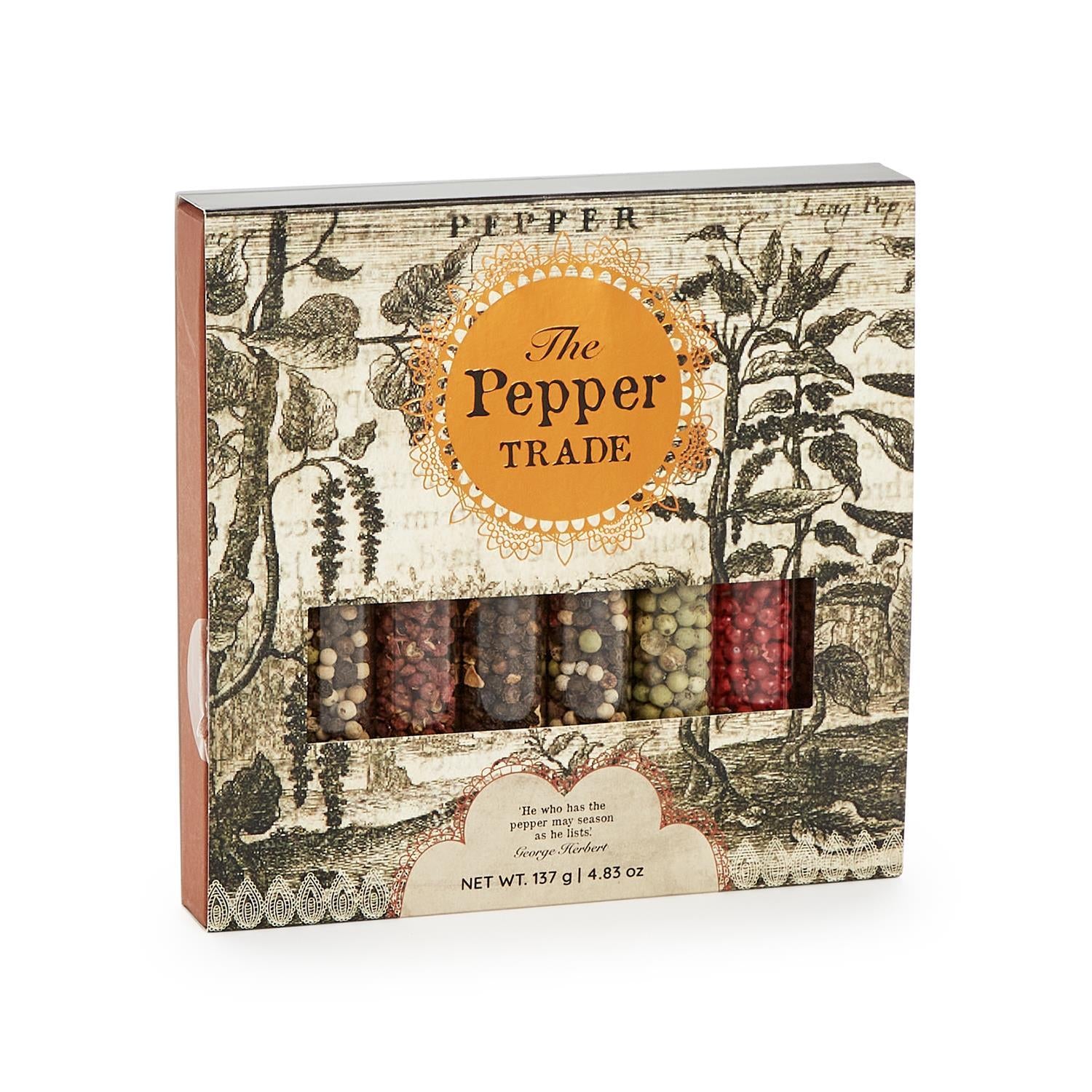 The Pepper Trade 8 Tube Gift Set features eight transparent tubes of gourmet peppercorns in various colors. Sizes: N/A.