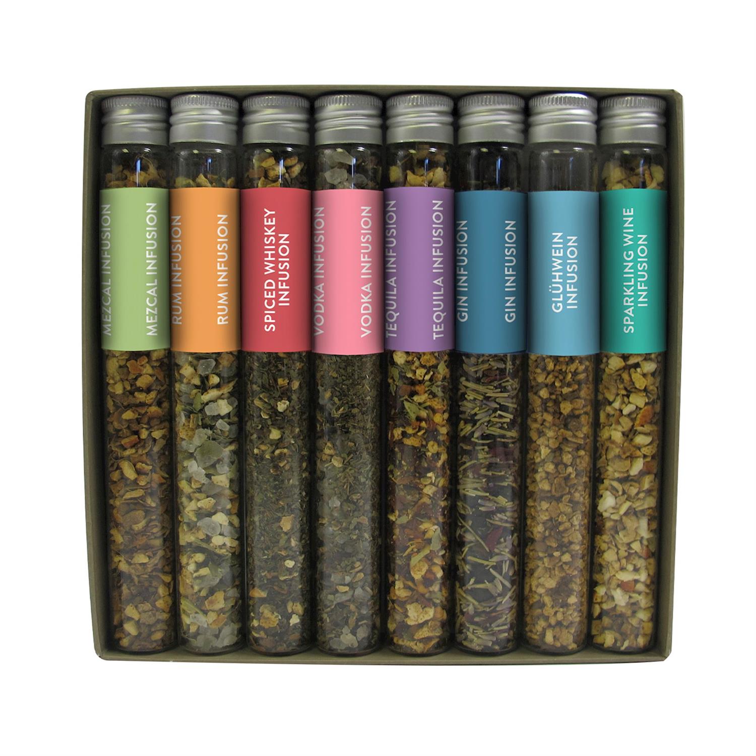 A set of eight artisanal test tubes with dried herbs and spices for infusing Mexican, Rum, Spiced Whiskey, Vodka, Tequila, Gin, Gluhwein, and Sparkling Wine. Sizes: One size set.