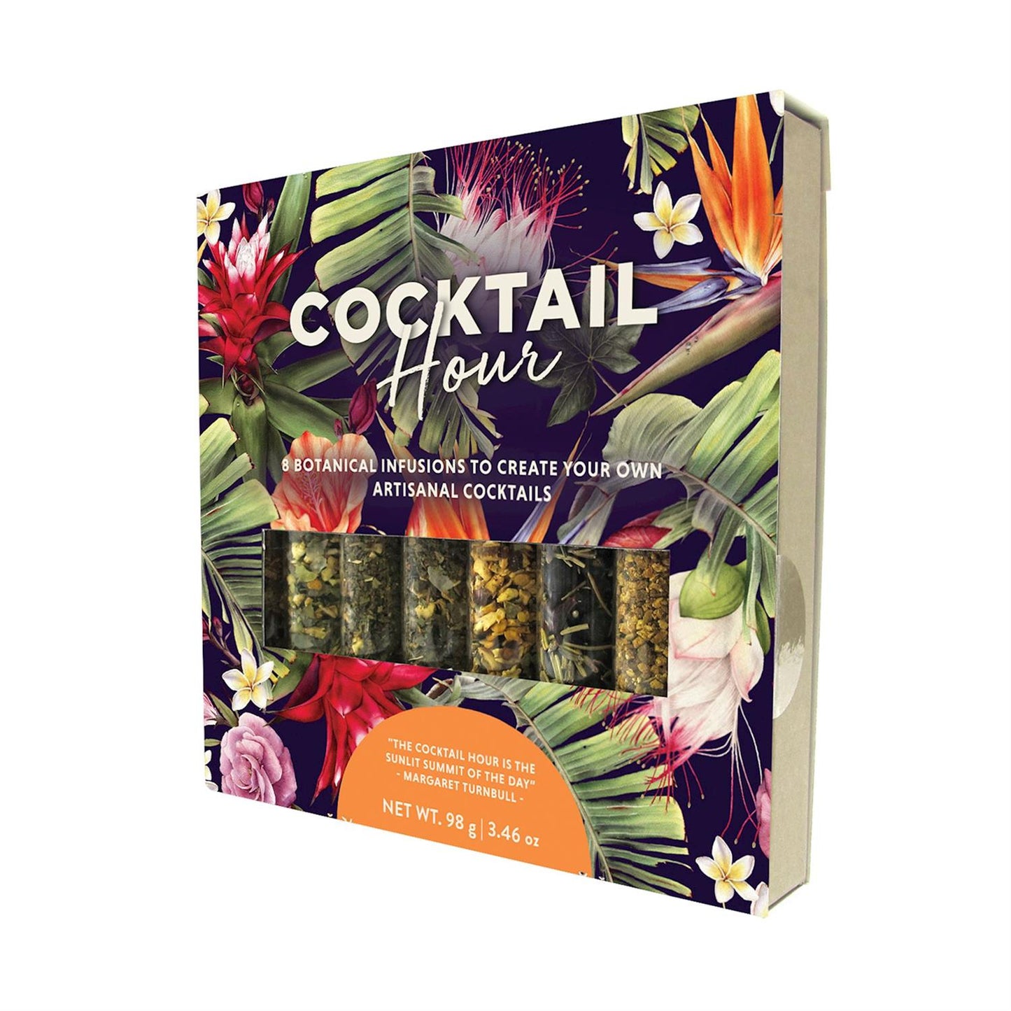 Cocktail Hour 8 Tube Gift Set": Eight glass tubes with dried botanicals in a vibrant floral design. Weighs 98 grams (3.46 ounces). Ideal for artisanal cocktails.