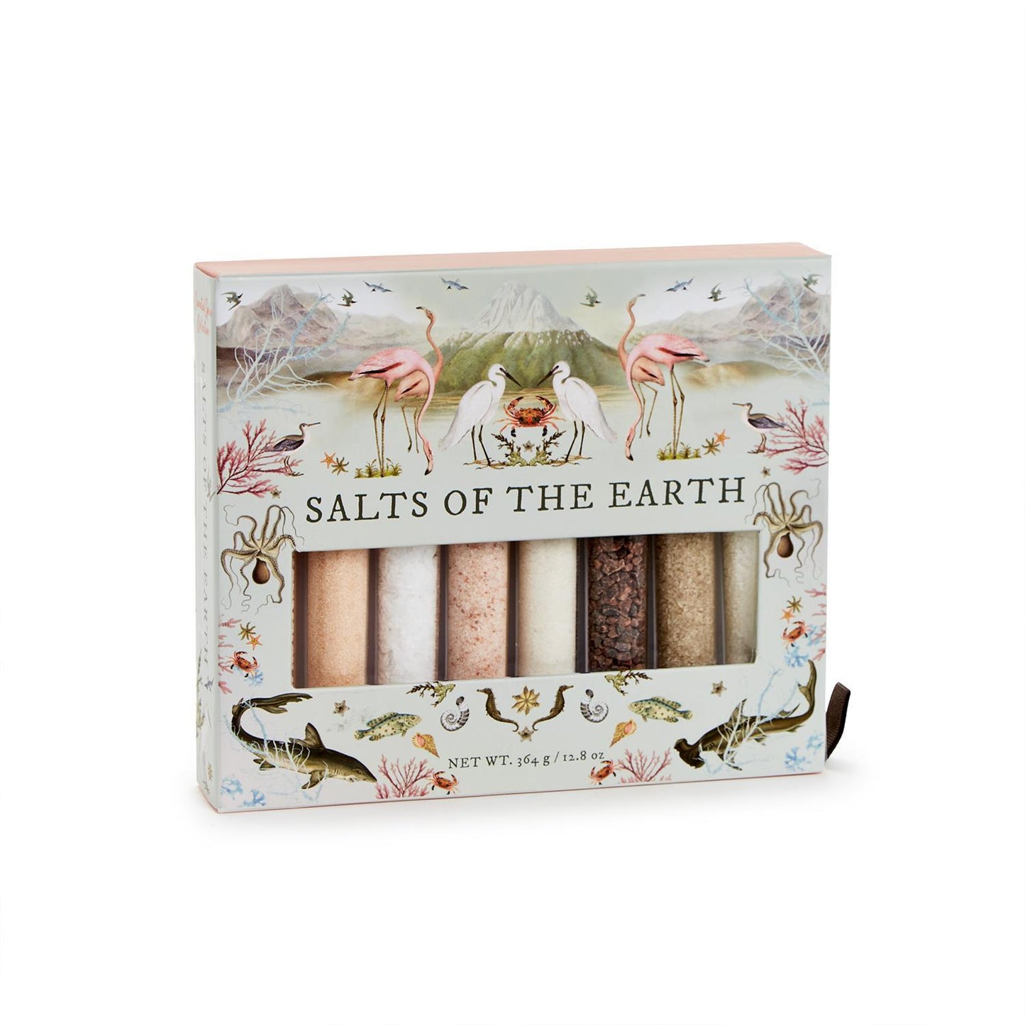 The "Salts of the Earth 8 Tube Gift Set" features eight test tube-like containers of unique salts. Adorned with flamingos, a crab, seashells, and plants. Available in one size.