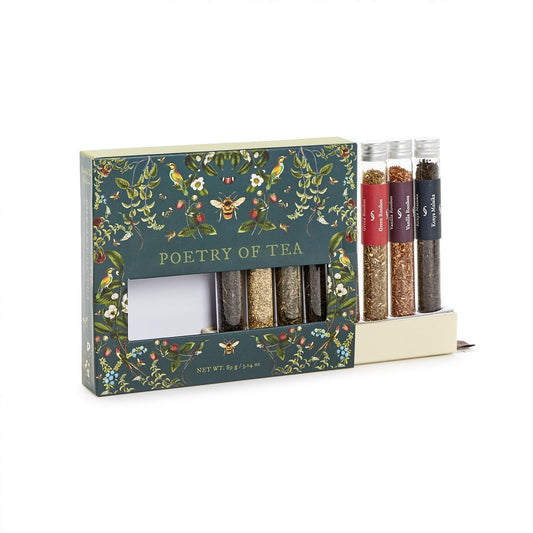 The Poetry of Tea 8 Tube Gift Set includes eight transparent vials, each containing a unique tea, elegantly packaged with floral designs. Size: One size available.