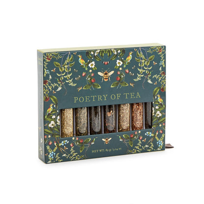 Poetry of Tea" is a beautifully packaged box set with eight glass tubes of assorted teas. The design includes intricate floral and nature motifs in green and gold.
