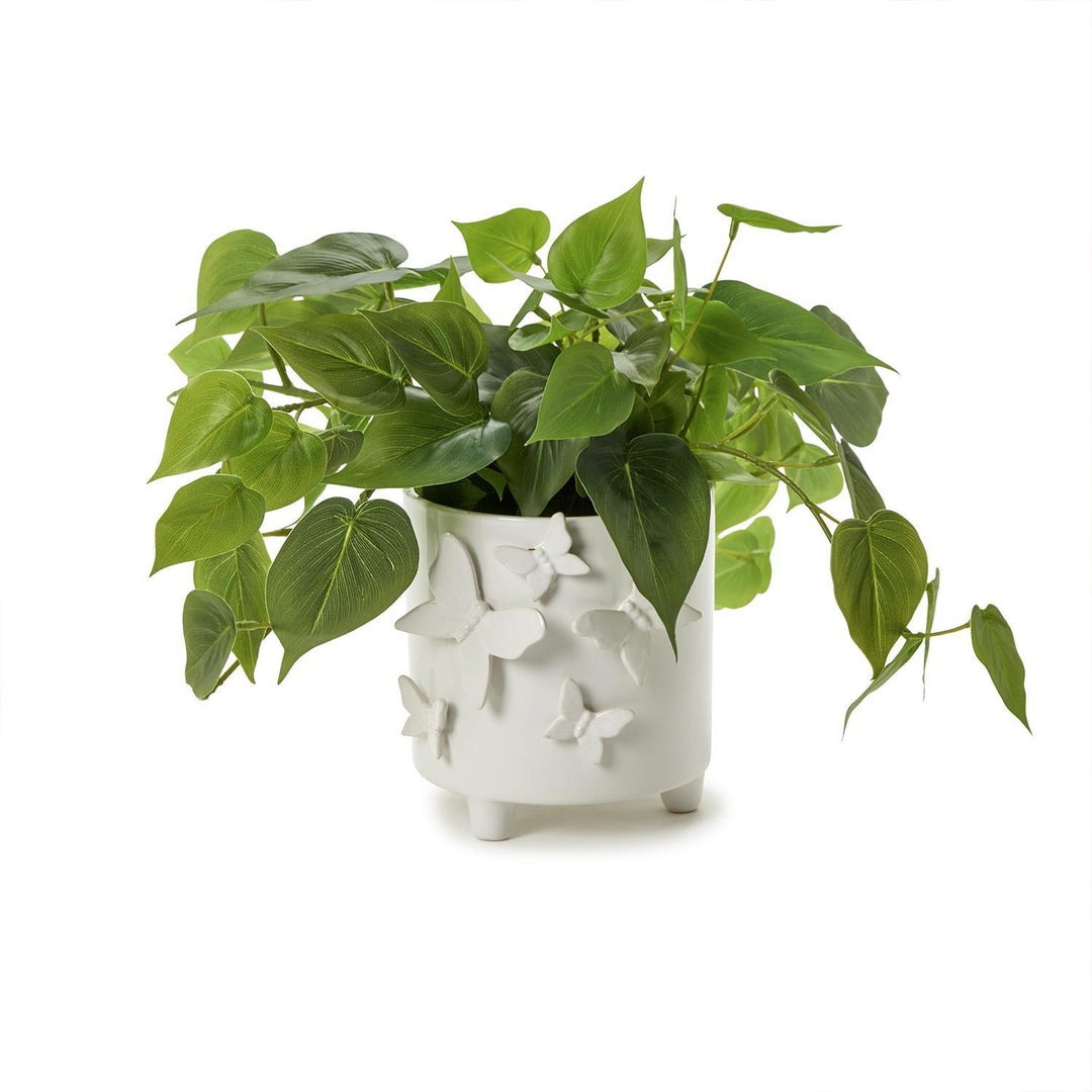 Butterfly Footed Cachepot with Sculpted Butterflies, white ceramic, raised butterfly details. Available in 4", 6", and 8" sizes.