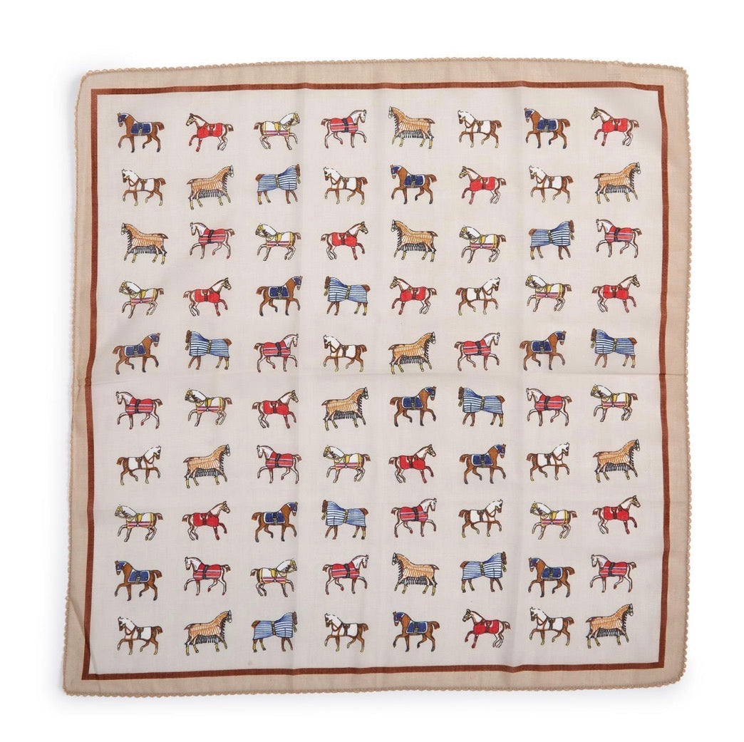 Horse Play Soft Square Scarf features a grid of colorful horses on a light beige background with a border of petite horses. Made from polyester and available in multiple sizes.