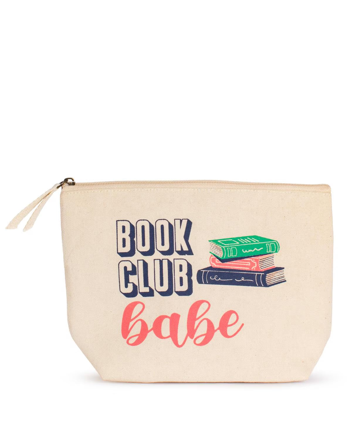 Natural/multi cosmetic bag with “Book Club Babe” and two stacked books. Available in one size. Ideal for makeup or toiletries.