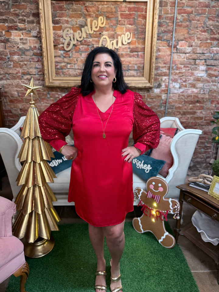 Jordan Red Sequin Dress with shimmering sequins, available in sizes XS-XL.