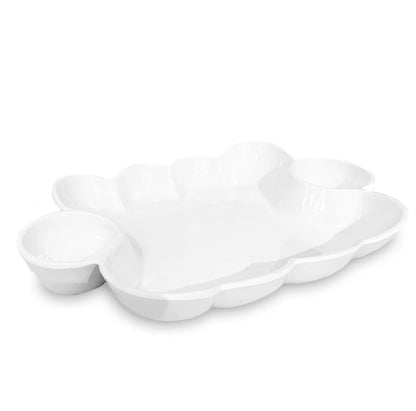 White ceramic serving tray with scalloped edge, built-in round compartments on each side, glossy finish, and irregular shape. Available sizes: not specified.