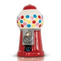 Small red and white Chews Wisely Minis gumball machine with colorful gumballs, glass dome, silver coin slot; available in mini size.