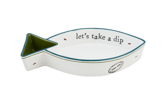 White fish-shaped chip & dip server, green tail compartment, "let's take a dip" inside. Sizes available.