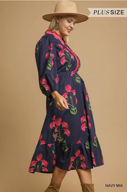 Louise Floral Midi Dress with pink floral print and long sleeves. Available in sizes XS-XL.