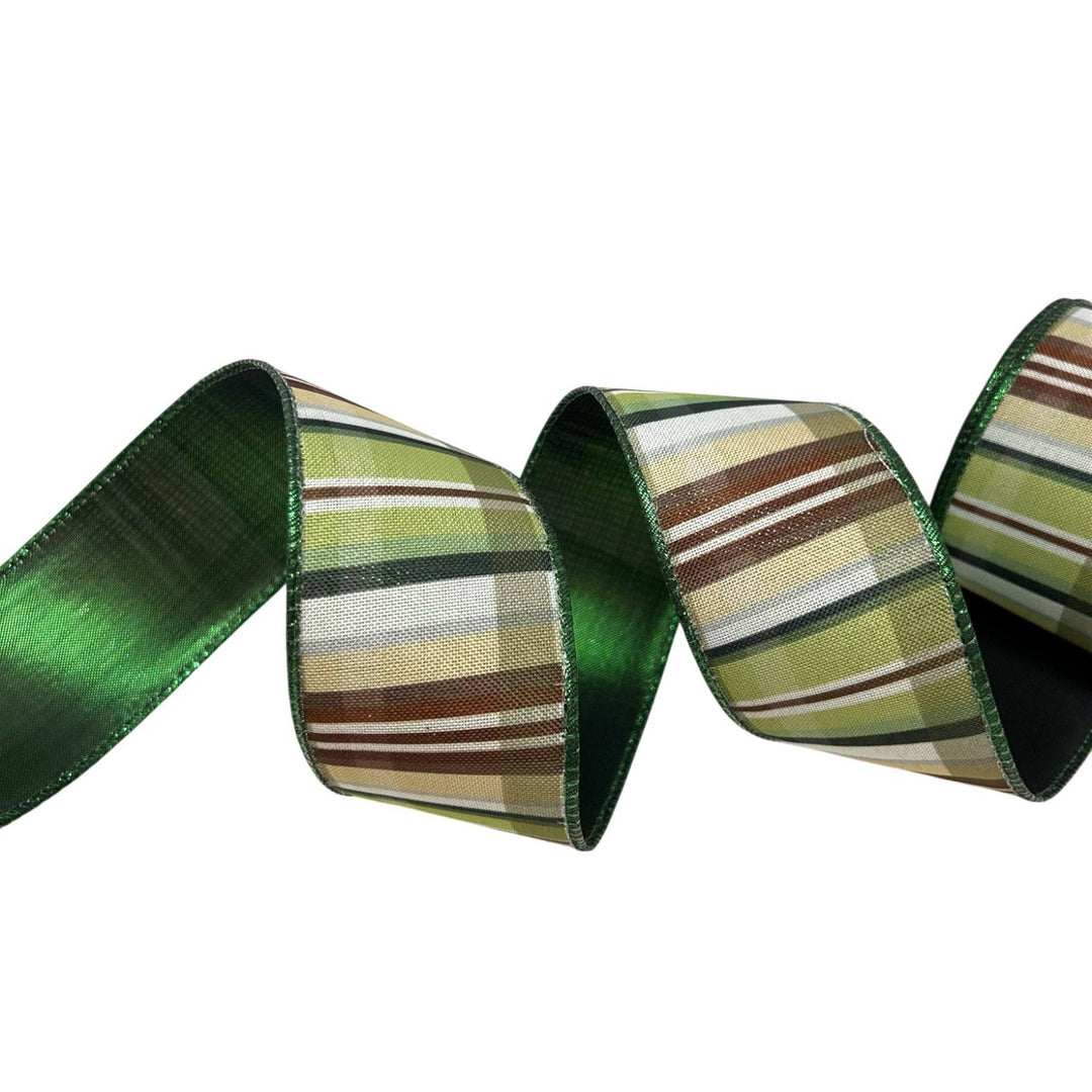 Green ribbon with brown plaid emerald edge, available in 2.5″ x 10yd.