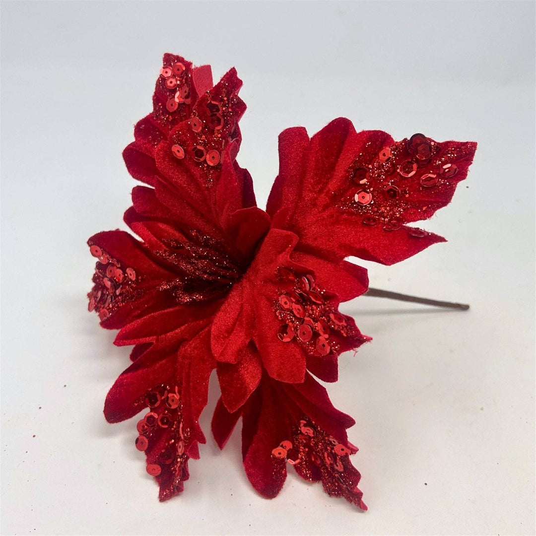 Wavy Cut Velvet Poinsettia Leaf Stem in red, 9″ size, with layered petals adorned with red sequins and glitter.