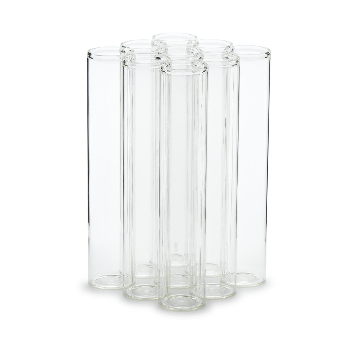 Nine-piece transparent glass test tube vase set featuring a honeycomb pattern for floral arrangements. Available in one size, forming a unified circular structure. Packaged in a gift box.
