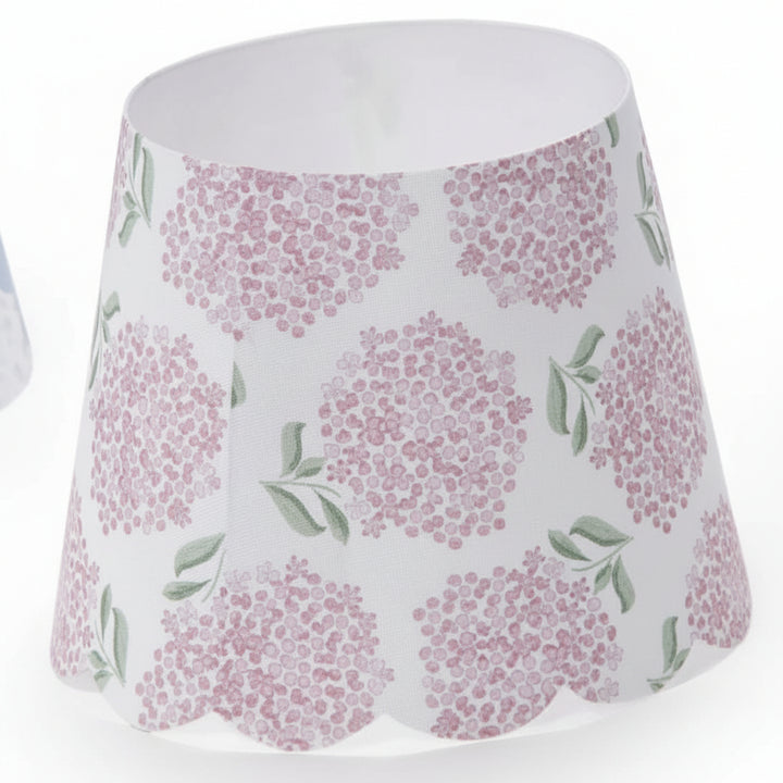 Hydrangea Paper Lampshade Cover with scalloped edges, white with pink flowers, green leaves. Available in 6 sizes.