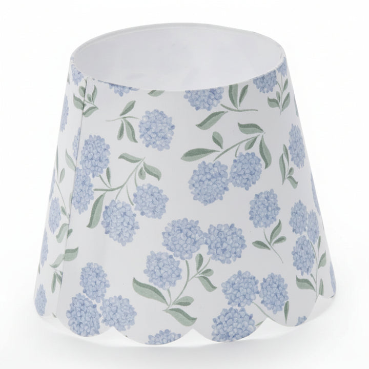 Paper lampshade cover with scalloped edge, light blue hydrangea flowers, green leaves. Available in 6 sizes.
