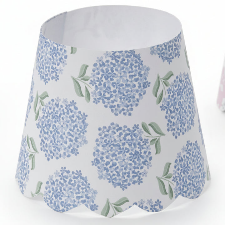Blue hydrangea and green leaf paper lampshade cover with scalloped edge. Available in 6 sizes.