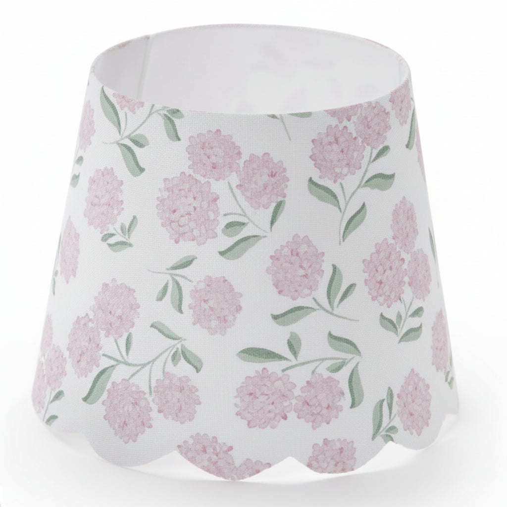 Hydrangea Paper Lampshade Cover in 6 designs, scalloped edges, light pink floral pattern with green leaves. Multiple sizes available.