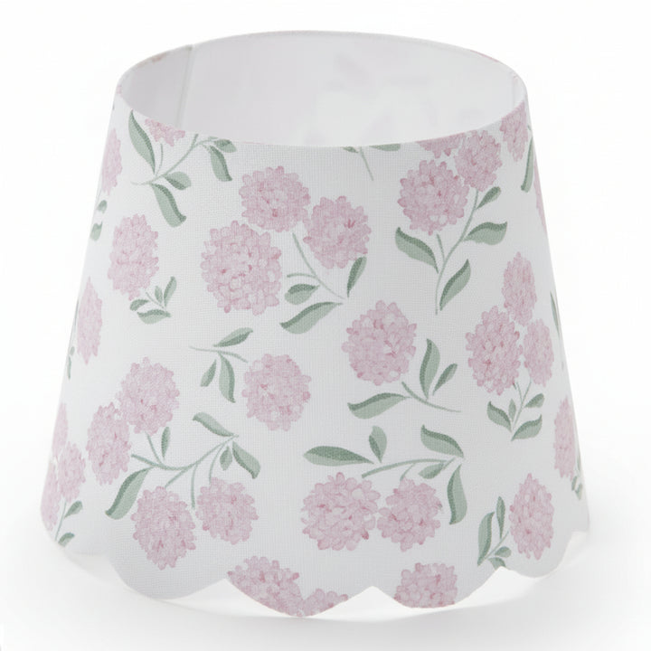 Hydrangea Paper Lampshade Cover in 6 designs, scalloped edges, light pink floral pattern with green leaves. Multiple sizes available.