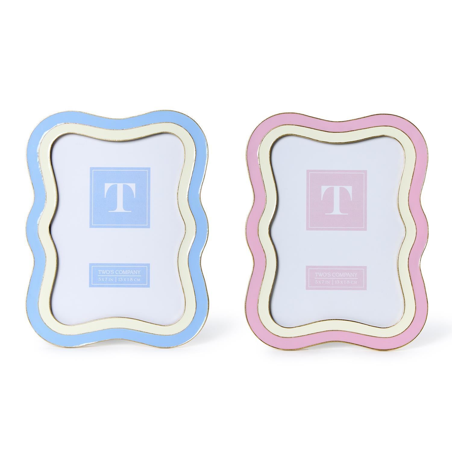 Two-tone 5"x7" photo frame set, handcrafted with wavy edges; one blue/white, one pink/white. Holds bold "T" placeholder.
