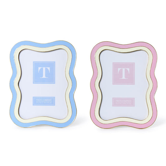 Two-tone 5"x7" photo frame set, handcrafted with wavy edges; one blue/white, one pink/white. Holds bold "T" placeholder.