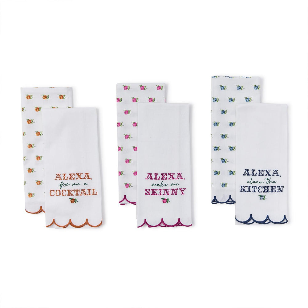 The Alexa Kitchen Dish Towel set includes four cotton towels with scalloped edges and playful embroidered phrases. Available in one size.